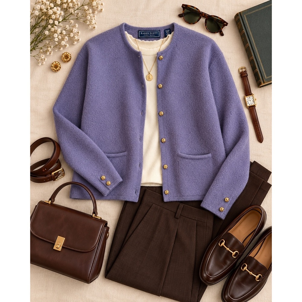 Karen Scott Pure Wool Cardigan Periwinkle Purple Gold Knot Button Sweater Large